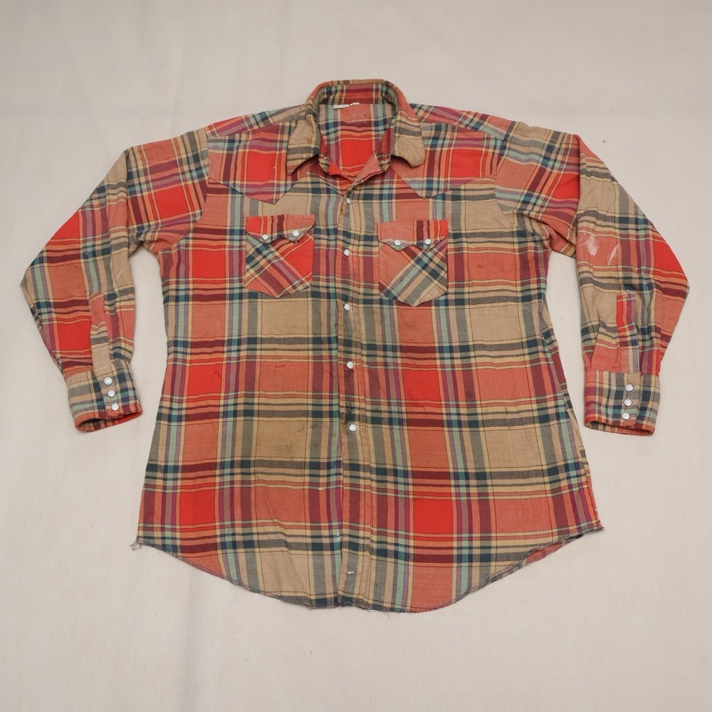 Vintage 50s 60s Western Shirt 17-34 Pearl Snap Plaid Distressed Workwear Red Tan
